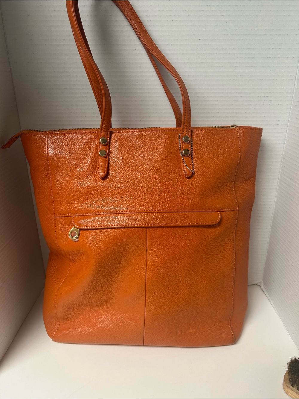 Christopher Kon Orange Pebbled Italian Leather Tote Handbag Boho Gold Hardware